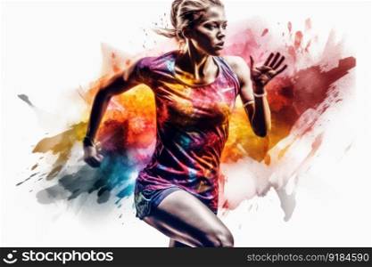 Heroic double exposure colorful photo of a well trained female Swedish runner speedy running. Generative AI AIG19.. Heroic double exposure colorful photo of a well trained female Swedish runner speedy running