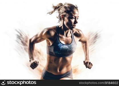 Heroic double exposure photo of a well trained female Swedish runner speedy running. Generative AI AIG19.. Heroic double exposure photo of a well trained female Swedish runner speedy running