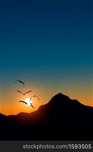 Herons in flight at sunset in the mountains