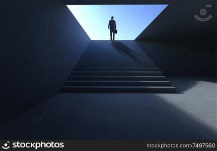 Hesitant businessman stand on stair looking and thinking .