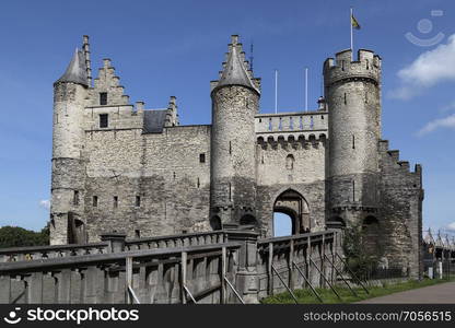 Het Steen in Antwerp, Belgium. Although Antwerp was formerly a fortified city, hardly anything remains of these fortifications. This castle is a 19th century replica.