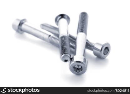 Hex head bolt screws thread on white background.