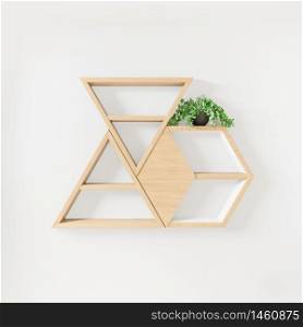 Hexagon and triangle shelf books and plant decoration interior design.