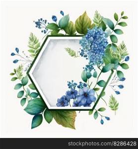 Hexagon frame of blue flower and green leaves with watercolor painting isolated on white background. Theme of vintage minimal art design in geometric. Finest generative AI.. Hexagon frame of blue flower and green leaves with watercolor painting.