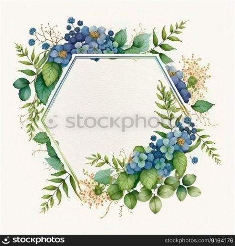 Hexagon frame of blue flower and green leaves with watercolor painting isolated on white background. Theme of vintage minimal art design in geometric. Finest generative AI.. Hexagon frame of blue flower and green leaves with watercolor painting.