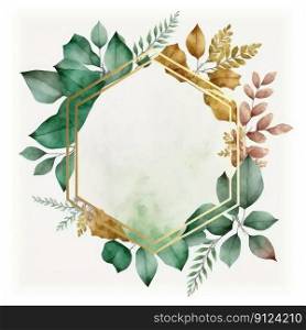 Hexagon frame of green and golden≤aves with watercolor pa∫ing isolated on white background. Theme of v∫a≥minimal art design in≥ometric. Fi≠st≥≠rative AI.. Hexagon frame of green and golden≤aves with watercolor pa∫ing.