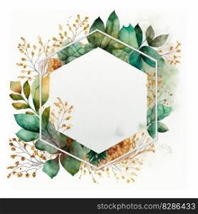 Hexagon frame of green and golden leaves with watercolor painting isolated on white background. Theme of vintage minimal art design in geometric. Finest generative AI.. Hexagon frame of green and golden leaves with watercolor painting.