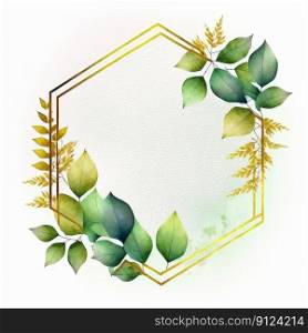 Hexagon frame of green and golden leaves with watercolor painting isolated on white background. Theme of vintage minimal art design in geometric. Finest generative AI.. Hexagon frame of green and golden leaves with watercolor painting.