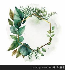 Hexagon frame of green leaves with watercolor painting with watercolor painting isolated on white background. Theme of vintage minimal art design in geometric. Finest generative AI.. Hexagon frame of green leaves with watercolor painting.