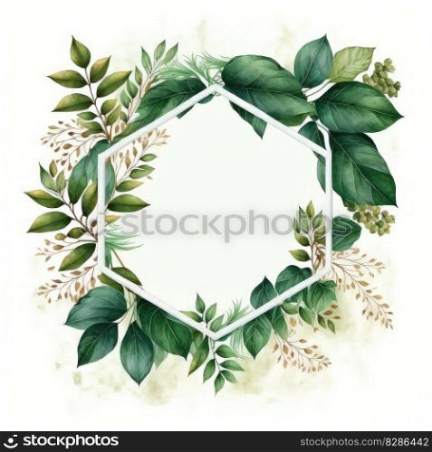 Hexagon frame of green leaves with watercolor painting with watercolor painting isolated on white background. Theme of vintage minimal art design in geometric. Finest generative AI.. Hexagon frame of green leaves with watercolor painting.