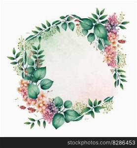 Hexagon frame of pink flower and green leaves with leave watercolor painting isolated on white background. Theme of vintage minimal art design in geometric. Finest generative AI.. Hexagon frame of blue flower and green leaves with leave watercolor painting.