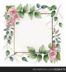 Hexagon frame of pink flower and green leaves with leave watercolor painting isolated on white background. Theme of vintage minimal art design in geometric. Finest generative AI.. Hexagon frame of pink flower and green leaves with leave watercolor painting.