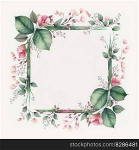 Hexagon frame of pink flower and green leaves with leave watercolor painting isolated on white background. Theme of vintage minimal art design in geometric. Finest generative AI.. Hexagon frame of pink flower and green leaves with leave watercolor painting.