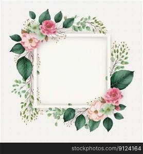 Hexagon frame of pink flower and green leaves with leave watercolor painting isolated on white background. Theme of vintage minimal art design in geometric. Finest generative AI.. Hexagon frame of pink flower and green leaves with leave watercolor painting.