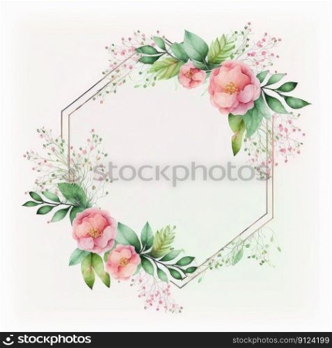 Hexagon frame of pink flower and green leaves with leave watercolor painting isolated on white background. Theme of vintage minimal art design in geometric. Finest generative AI.. Hexagon frame of blue flower and green leaves with leave watercolor painting.
