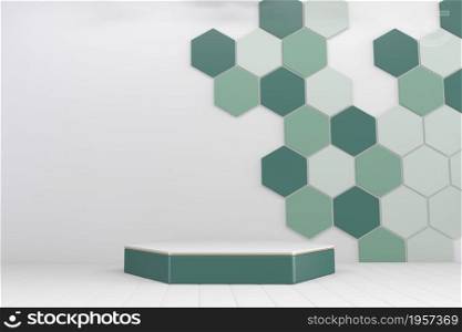 hexagon podiums green on backround gexagon patten.3D rendering
