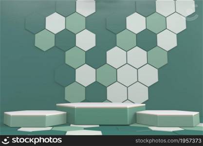 hexagon podiums green on backround gexagon patten.3D rendering