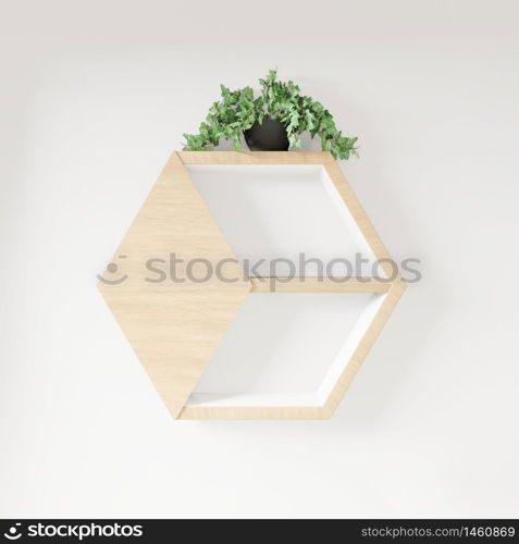 Hexagon shelf books and plant decoration interior design.