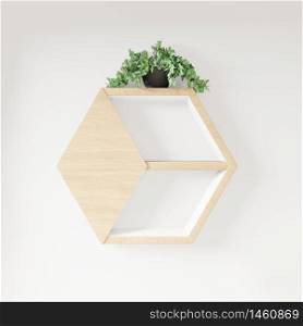 Hexagon shelf books and plant decoration interior design.