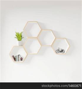 Hexagon shelf books and plant decoration interior design