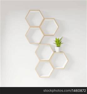 Hexagon shelf books and plant decoration interior design. Longitudinal