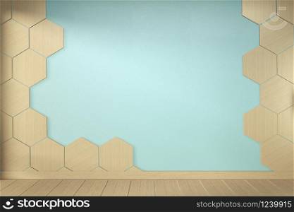 Hexagon tile wall on Empty mint room on wooden floor interior design. 3D rendering