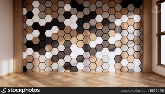 hexagon tiles wooden, white ,black on wall Modern room minimalist.3D rendering