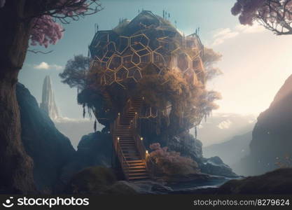 Hexagon tree house fantasy world. distinct generative AI image.. Hexagon tree house fantasy world