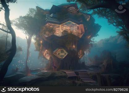 Hexagon tree house fantasy world. distinct generative AI image.. Hexagon tree house fantasy world