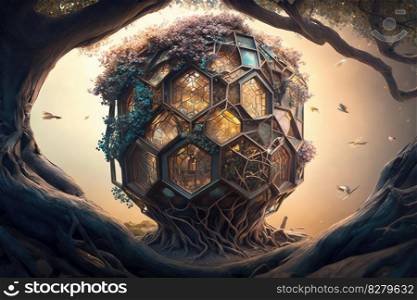 Hexagon tree house fantasy world. distinct generative AI image.. Hexagon tree house fantasy world