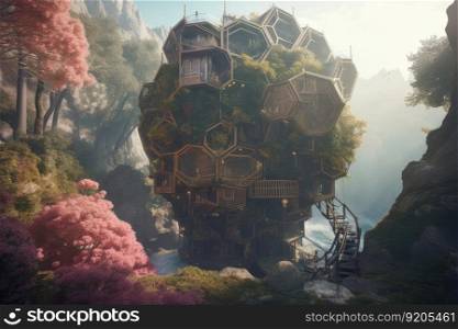 Hexagon tree house fantasy world. distinct≥≠rative AI ima≥.. Hexagon tree house fantasy world