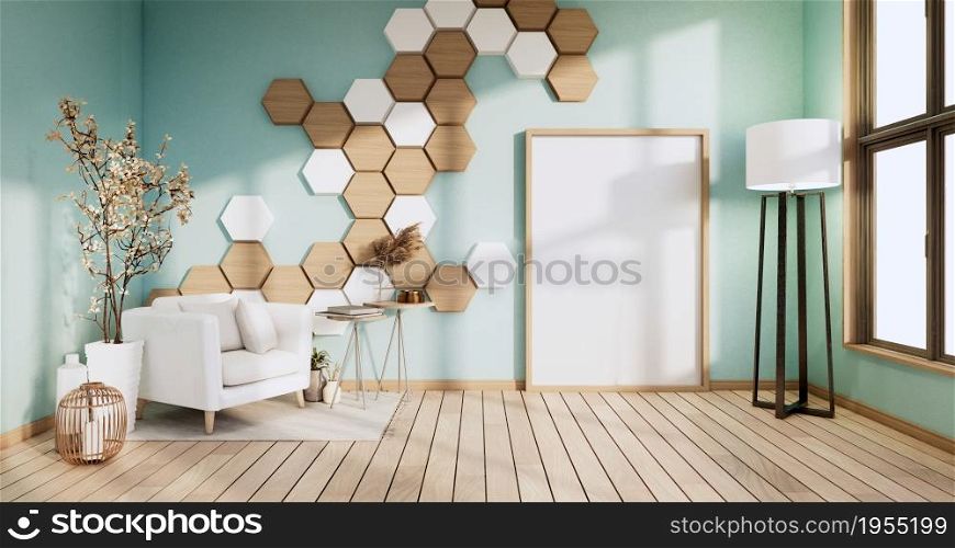 Hexagon wall on mint room with arm chair and decoration plants. 3D rendering