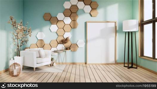 Hexagon wall on mint room with arm chair and decoration plants. 3D rendering