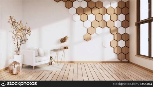 Hexagon wall on white room with arm chair and decoration plants. 3D rendering