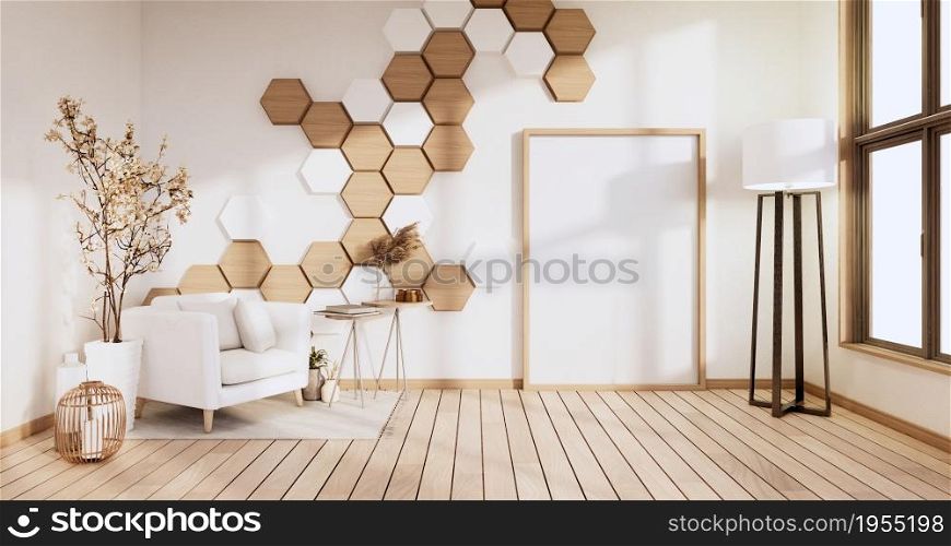 Hexagon wall on white room with arm chair and decoration plants. 3D rendering