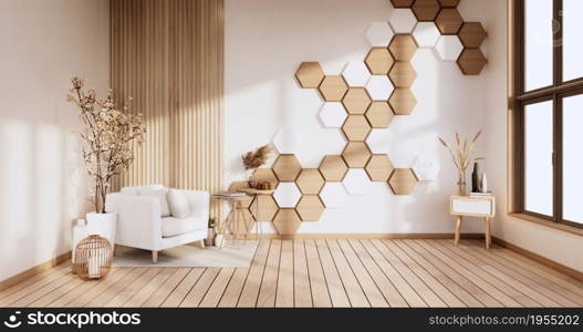 Hexagon wall on white room with arm chair and decoration plants. 3D rendering