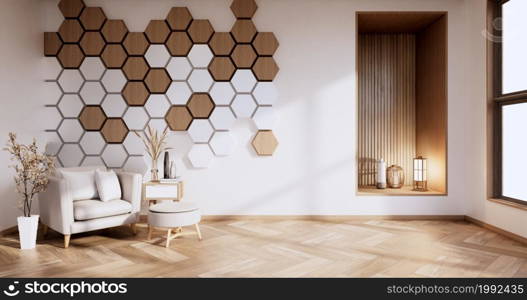 Hexagon wall on white room with arm chair and decoration plants. 3D rendering