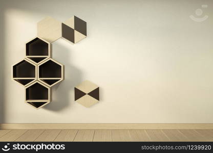 Hexagon wooden shelf japanese design on wall.3D rendering