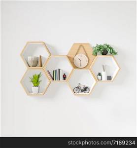 Hexagon wooden shelf, Minimal Japanese style. copy space hexegon, copy space.