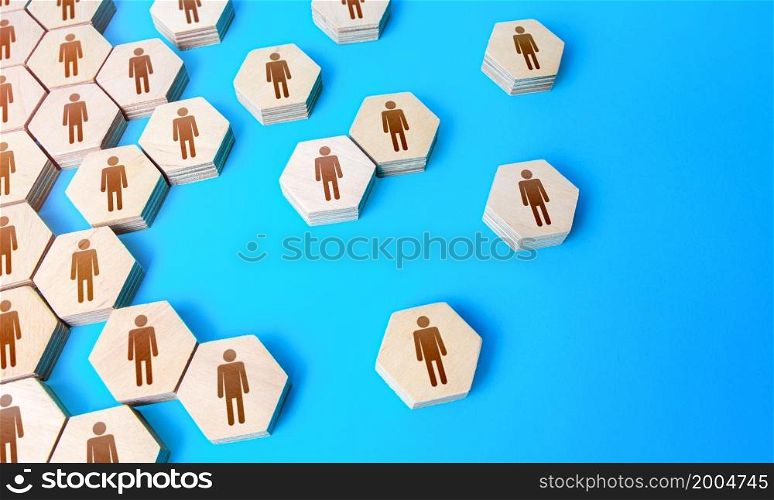 Hexagonal figures of people. Hiring new employees and recruiting staff. Public relations. Human resources. Personnel management. Find candidate for an open role job. Society and social groups.