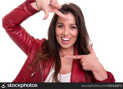 Hey ! Frame me!. Young woman making framing key gesture - isolated over white