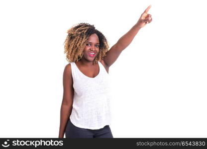 Hey look at that!. A beautiful woman pointing to something, isolated over a white background