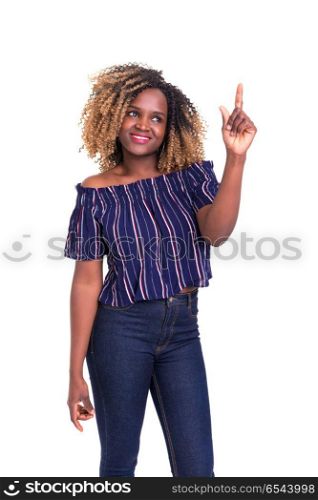 Hey look at that!. A beautiful woman pointing to something, isolated over a white background