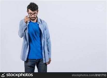 Hey you, be careful. bearded guy looking angry and warning, angry man threatening finger at camera, concept of angry person threatening head on