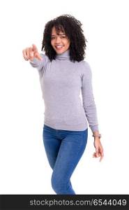 Hey! You there!. Young african business woman pointing at you, isolated over white