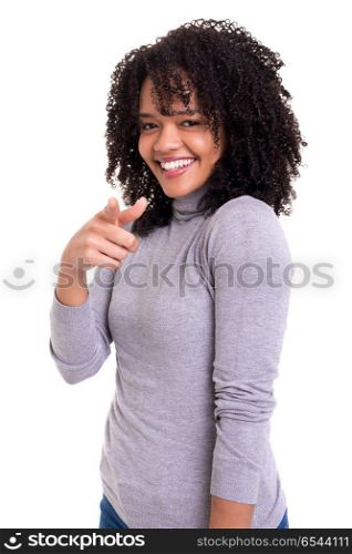 Hey! You there!. Young african business woman pointing at you, isolated over white