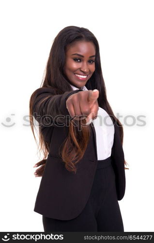 Hey! You there!. Young african business woman pointing at you, isolated over white