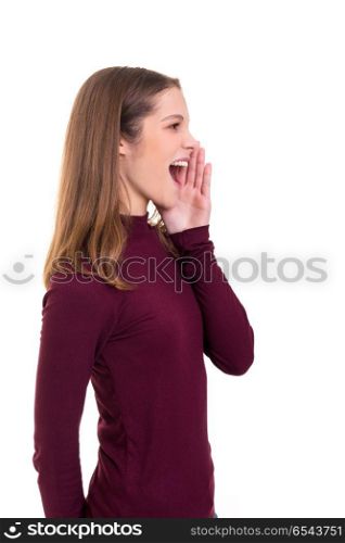 Heyyyyyyyyy!!! You there !!!!. Woman screaming at someone, isolated over a white background