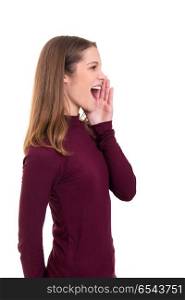 Heyyyyyyyyy!!! You there !!!!. Woman screaming at someone, isolated over a white background
