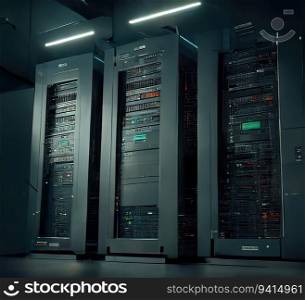 Hi-tech data storage server rack, cloud computing design. Generative AI technology. Hi-tech data storage server rack, cloud computing design. AI generated
